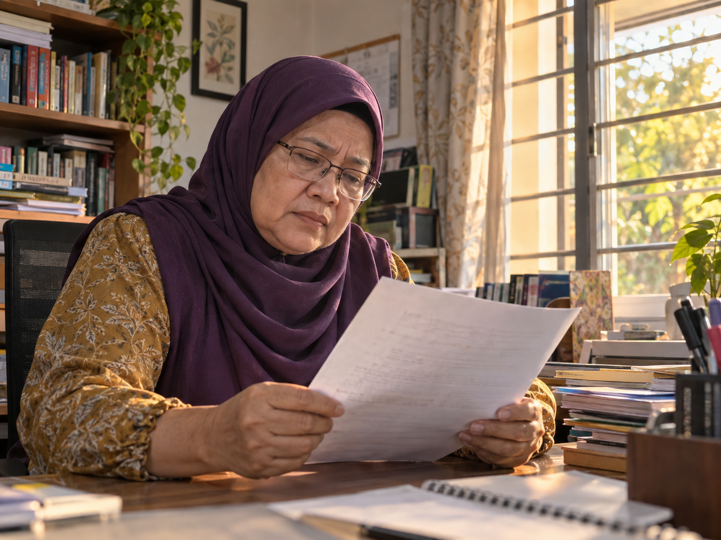 Ilustrasi wanita berehat ketika mengurus dokumen